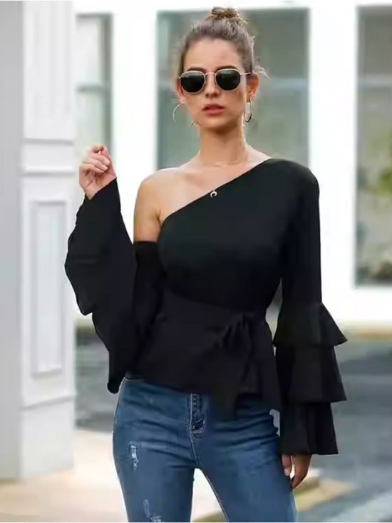 VENUS Tops - VENUS One Shoulder , Tiered Ruffle Sleeves Belted Blouse |Size 6